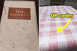 A restaurant bill called "The Damage," and QR codes hidden on a tablecloth