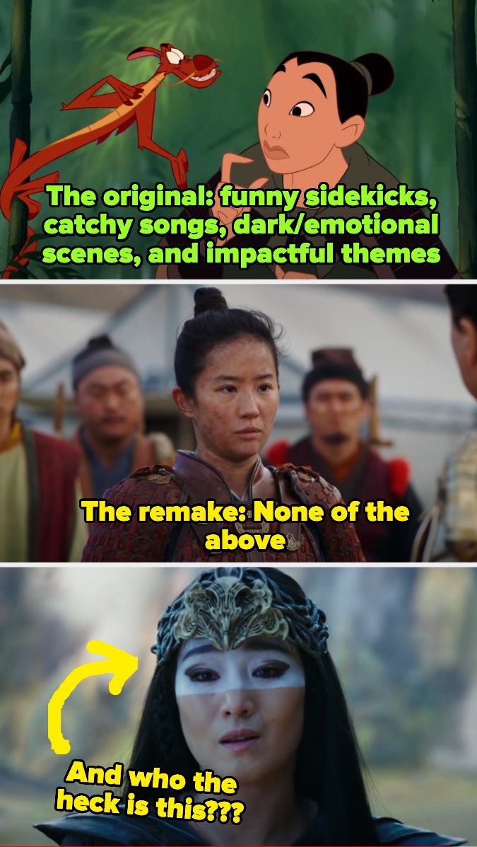 characters from the original mulan captioned "funny sidekicks, catchy songs, dark/emotional scenes, and impactful themes", with Mulan in the remake captioned "the remake: none of the above," with a note questioning who another character is