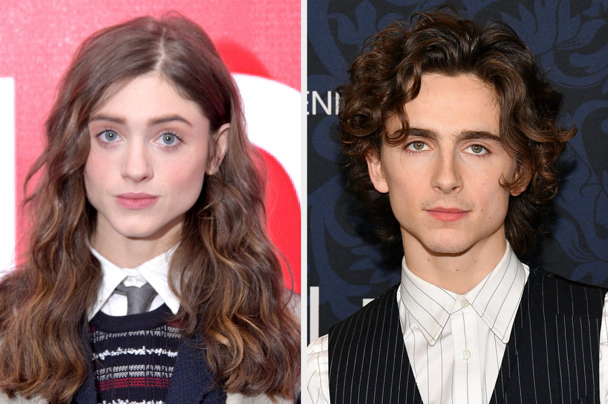 Side-by-side of Natalia Dyer and Timothée Chalamet