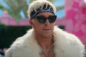 Ryan Gosling wearing sunglasses, a headband, a fluffy jacket, and a chain as Ken in Barbie