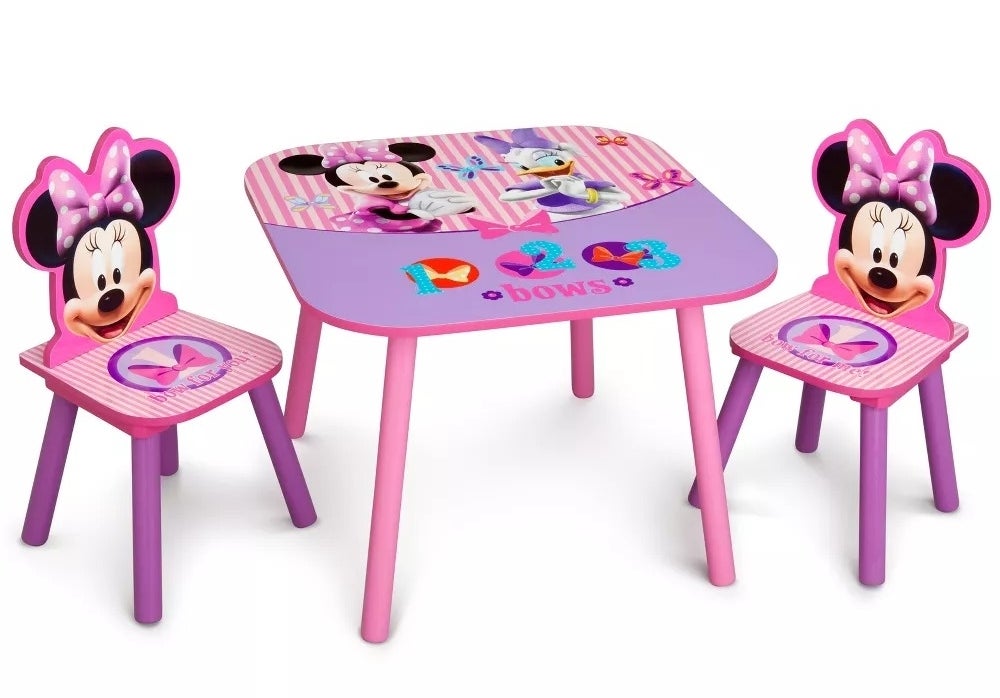pink and purple Mini Mouse chairs and matching table