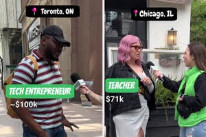 A tech entrepreneur sharing that he makes $100k and a teacher sharing that she makes $71k in a Salary Transparent Street interview