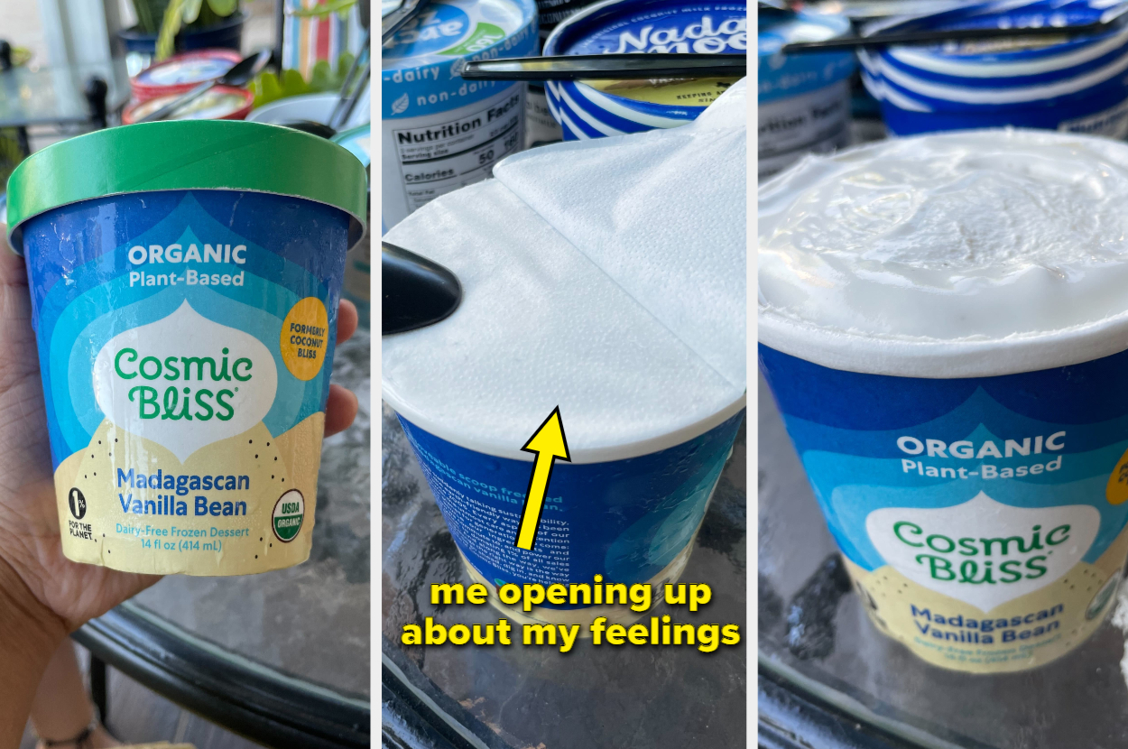 A tub of Cosmic Bliss is being displayed. The protective seal left another layer on after being pulled off, and the caption reads, &quot;me opening up about my feelings&quot;