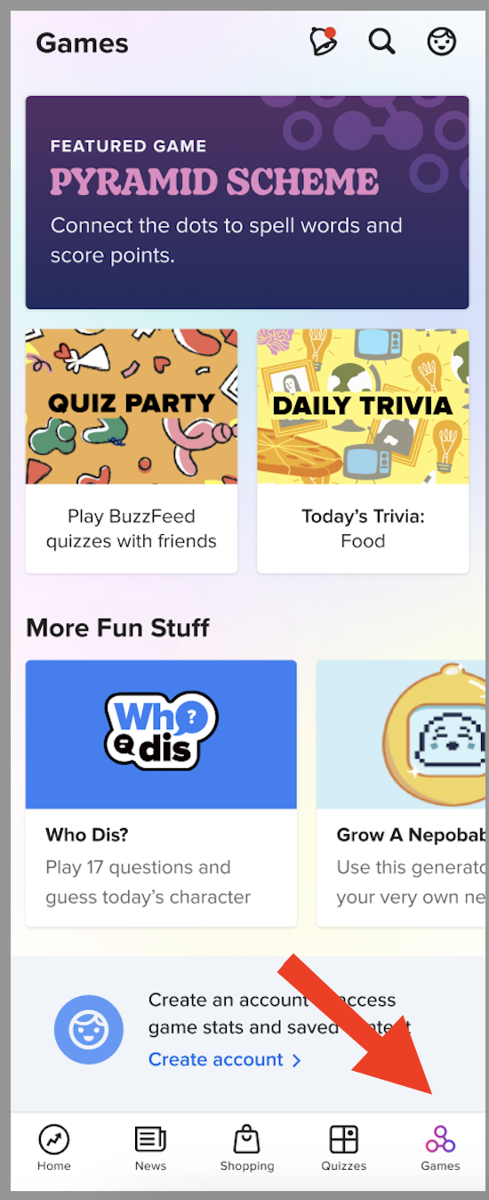BuzzFeed iOS app, on the &quot;Games&quot; screen.
