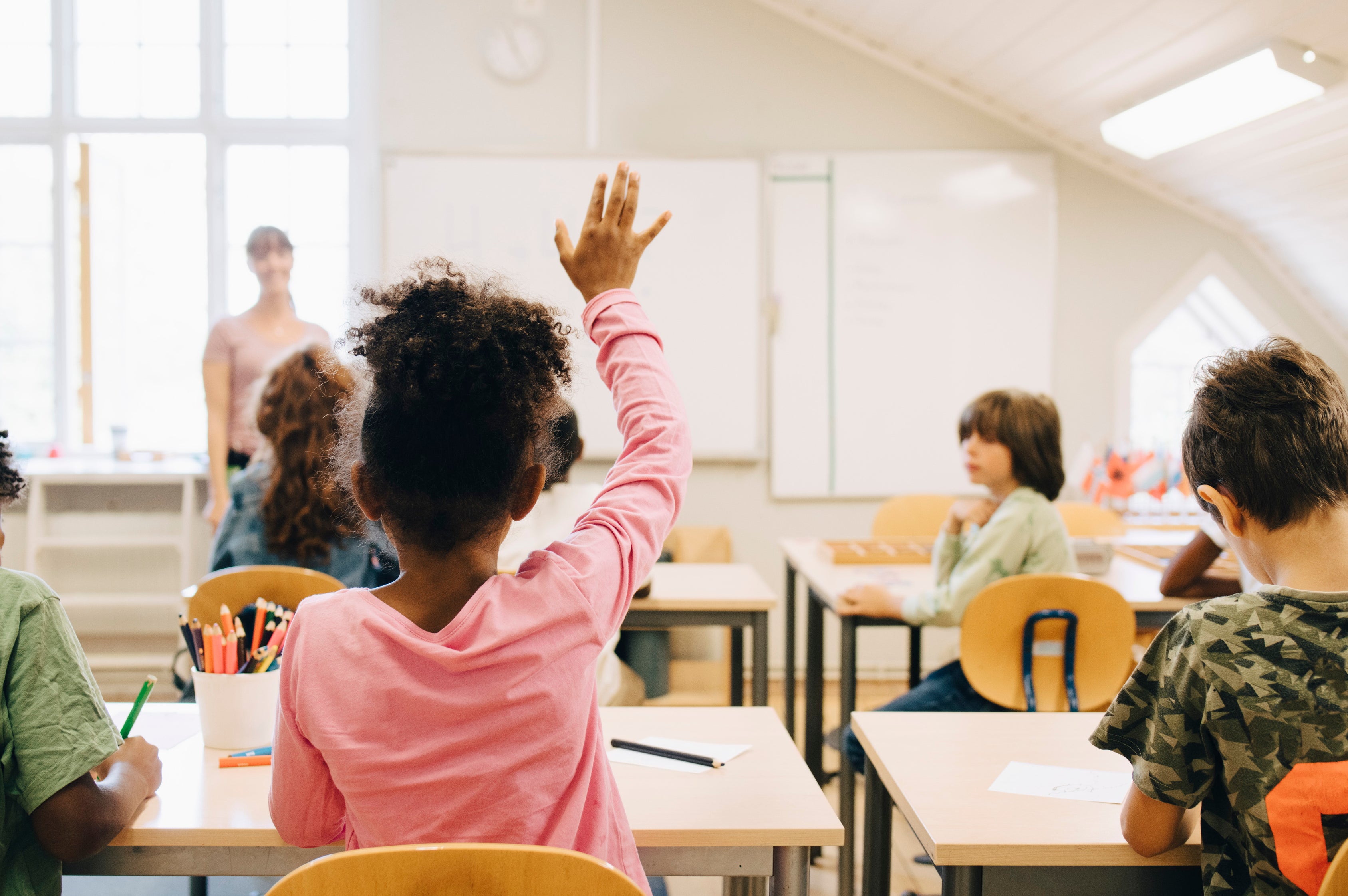 A student raising her hand in a class