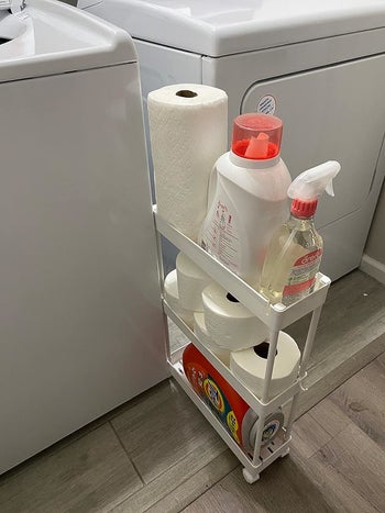 Reviewer image of the cart pulled out from in between the appliances