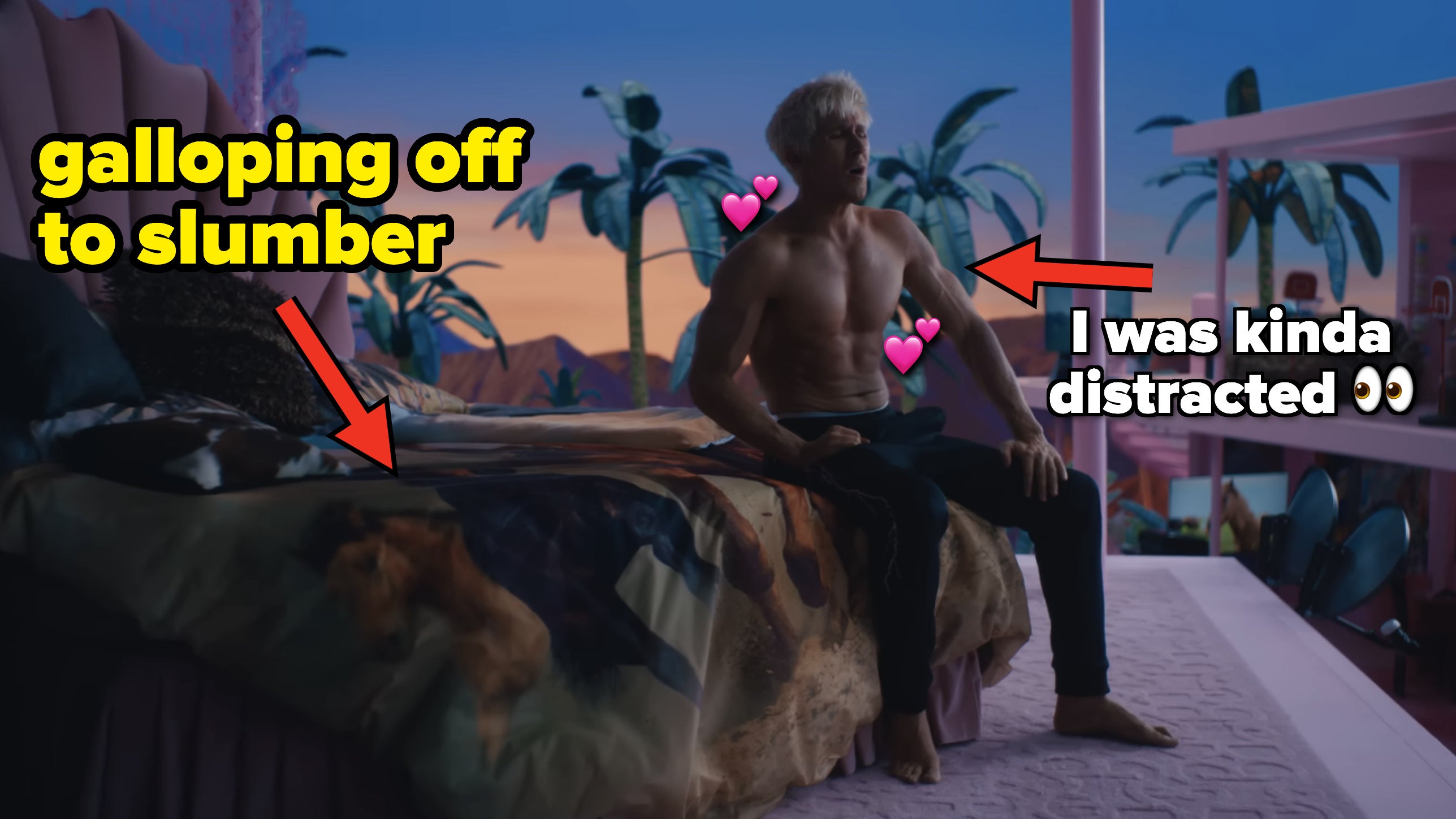 shirtless ryan gosling as ken in the barbie movie sitting on horse themed bed sheets with text &quot;galloping off to slumber&quot; and &quot;i was kinda distracted&quot;