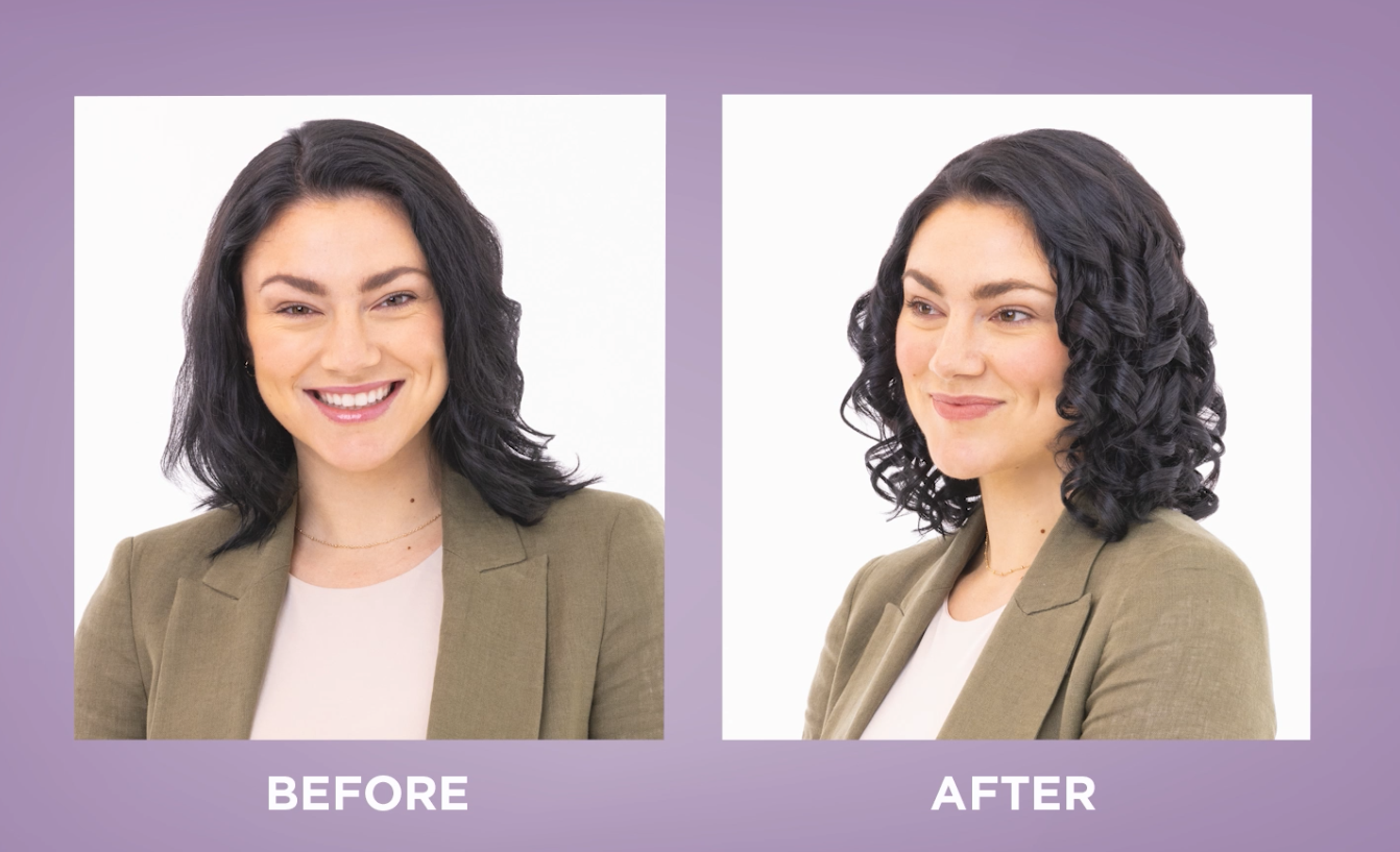 Before and after imagery of a woman with straight hair on one end and curls on the other