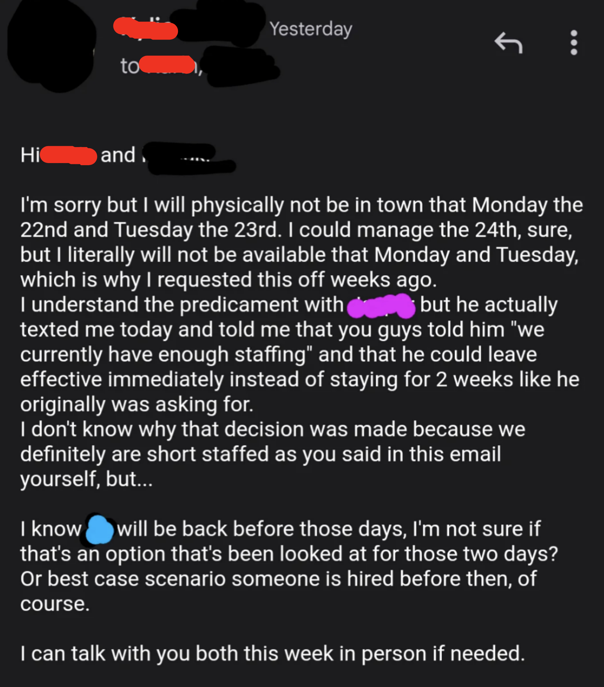 Boss refusing employee&#x27;s time-off request
