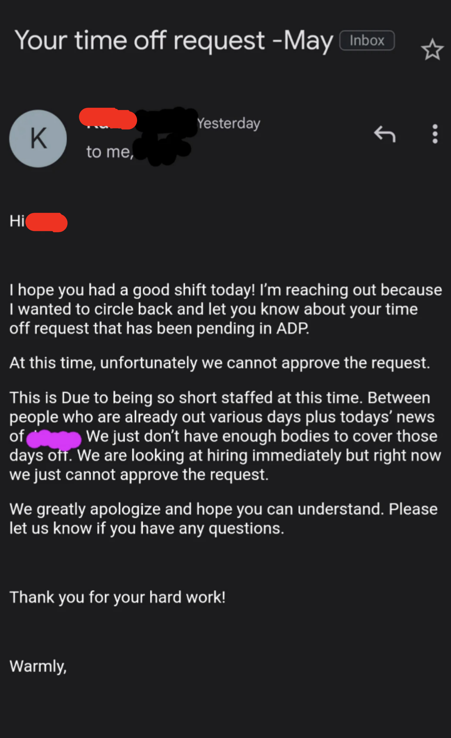 Boss refusing employee&#x27;s time-off request