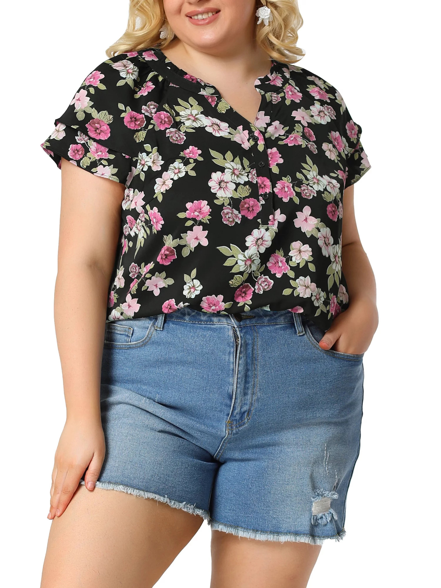 Model wearing the black floral top