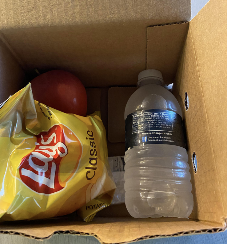 Chips, an apple, and a bottle of water in a box