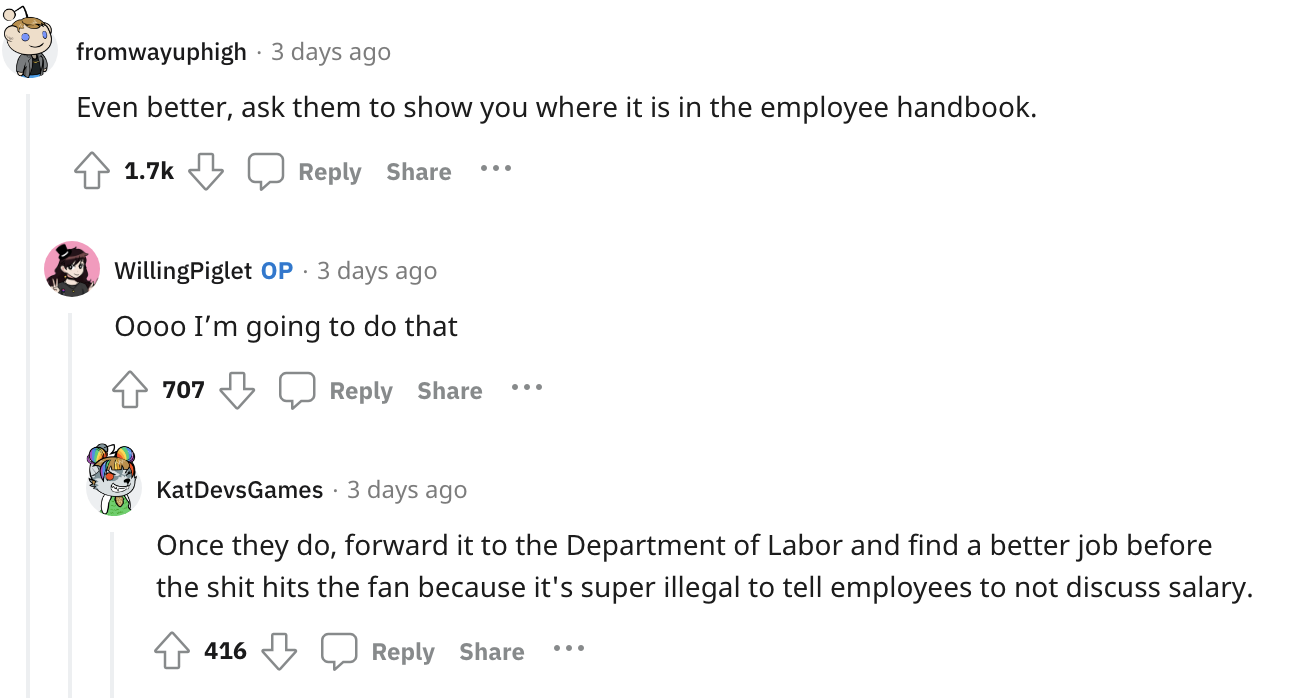 Commenters asking the original poster to ask their work to show them the employee handbook