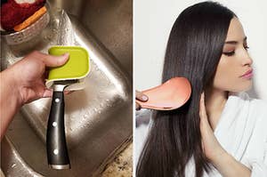 on left, hand holding knife while using a green utensil scrubber to clean it. on right, model using pink detangling brush in hair