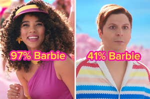 Barbie with curly hair and the words "97% Barbie" over it next to a separate image of Michael Cera as Allan with the words "41% Barbie" over it.