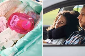 on left: mini pink travel-sized Venus razor. on right: model wearing black neck pillow while sleeping in carseat