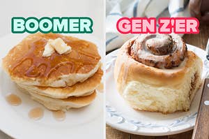 On the left, pancakes topped with butter and syrup labeled boomer, and on the right, a cinnamon roll labeled Gen Z'er