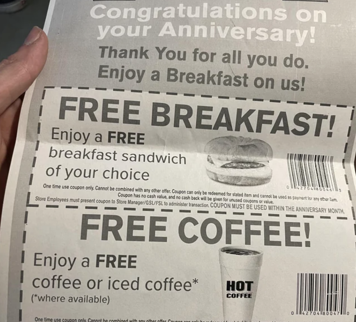 Coupons for free breakfast or coffee