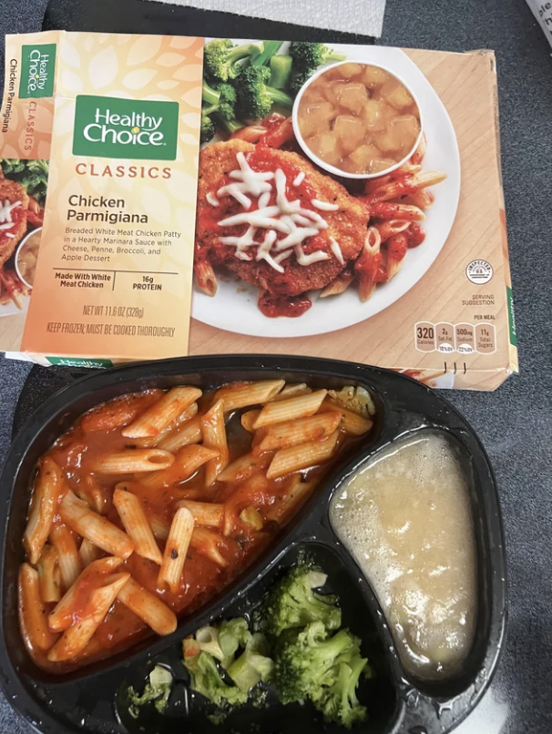 A microwavable meal missing chicken