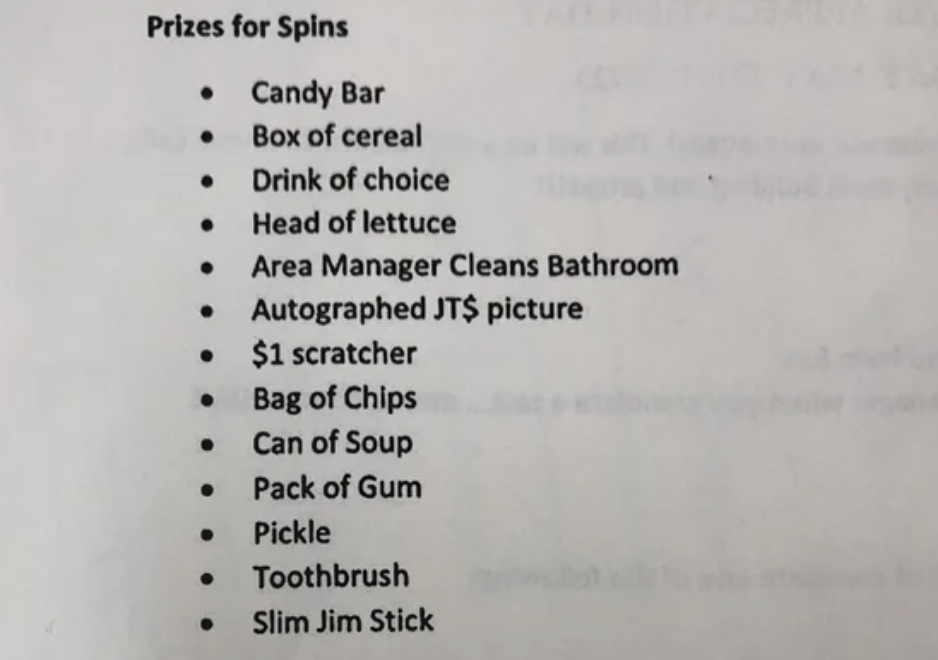 A list of prizes for employees