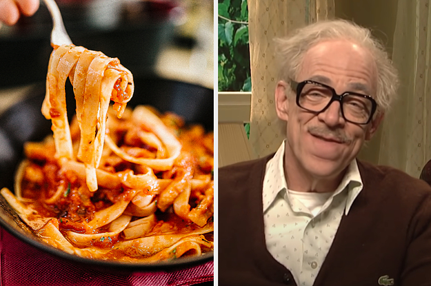 On the left, someone twirling pasta on a fork, and on the right, JK Simmons smiling in an SNL sketch