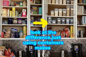 before of a reviewer's cluttered looking cabinet / after of the same cabinet looking much more organized with the food storage containers "look at the difference just using containers makes"