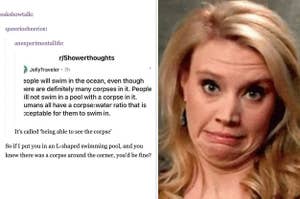 A tumblr post discussing how close a corpse would have to be for you to get out of the water next to Kate McKinnon looking grossed out