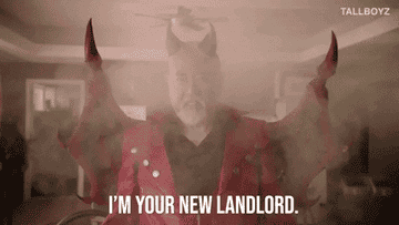 Man dressed as the devil saying &quot;I&#x27;m your new landlord&quot;