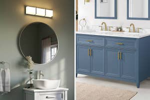 a large circle mirror and a double sink vanity