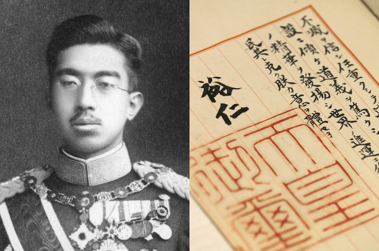 戦前に撮影された昭和天皇(左)と「終戦の詔書」の原本(時事通信社/Getty Images)