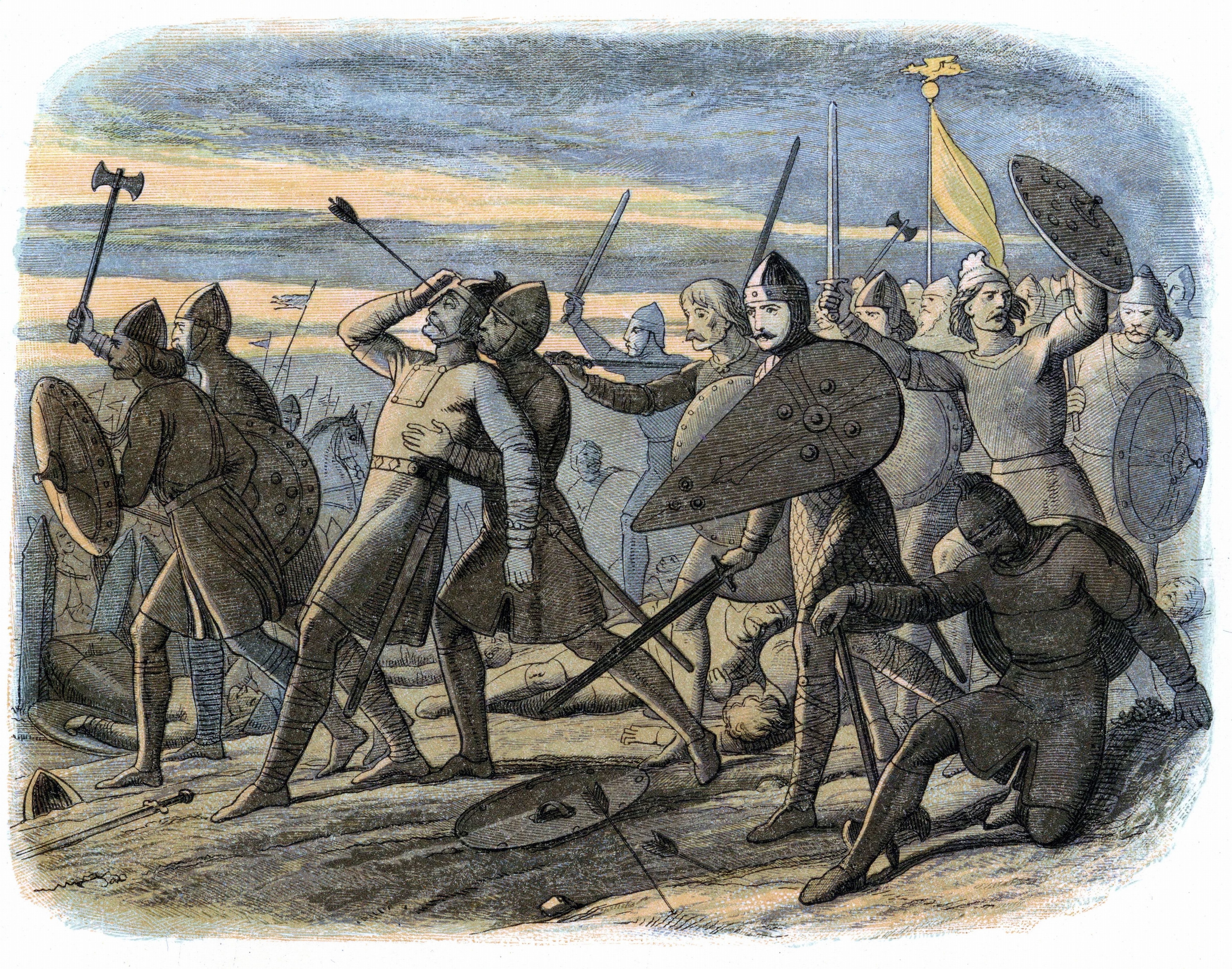 An illustration of Harold the second with an arrow through his eye and war going on around him