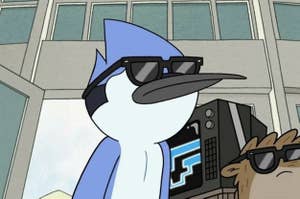 Mordecai from "Regular Show" wears sunglasses.