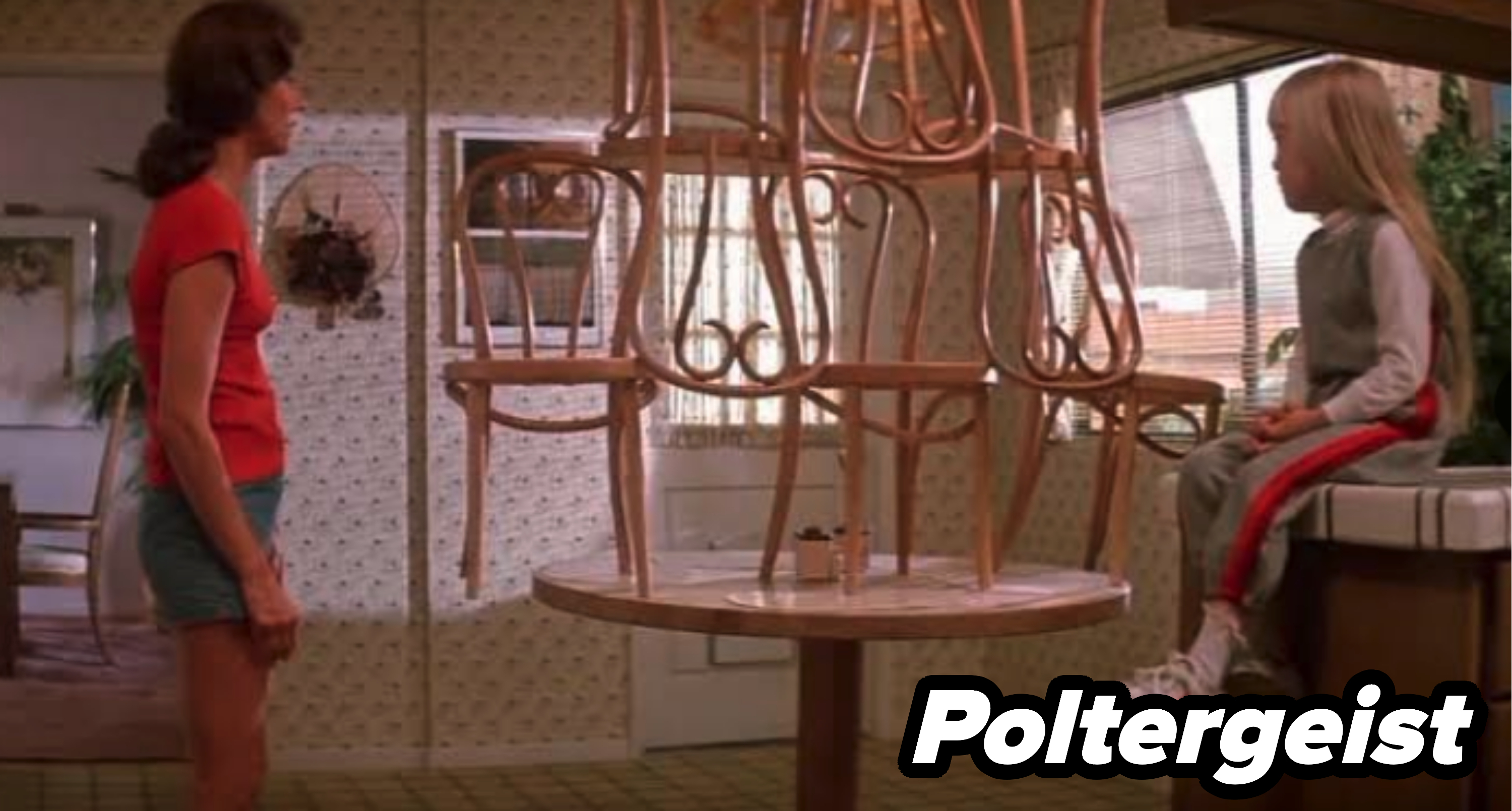 Poltergeist scene with chairs on a table