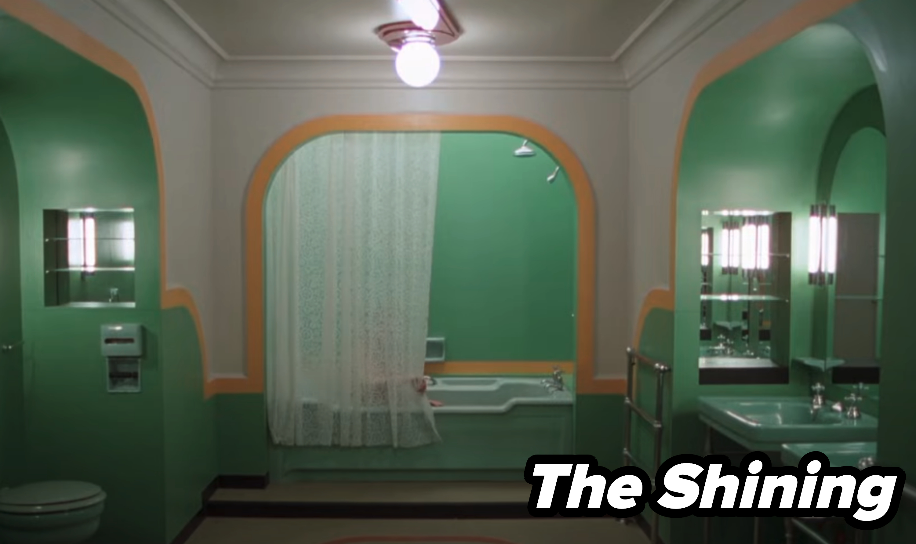 Original scene from The Shining where the woman draws the bathtub curtain