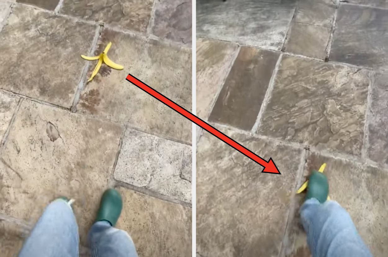 A person is filming themselves to see if a banana peel is actually slippery (it is)