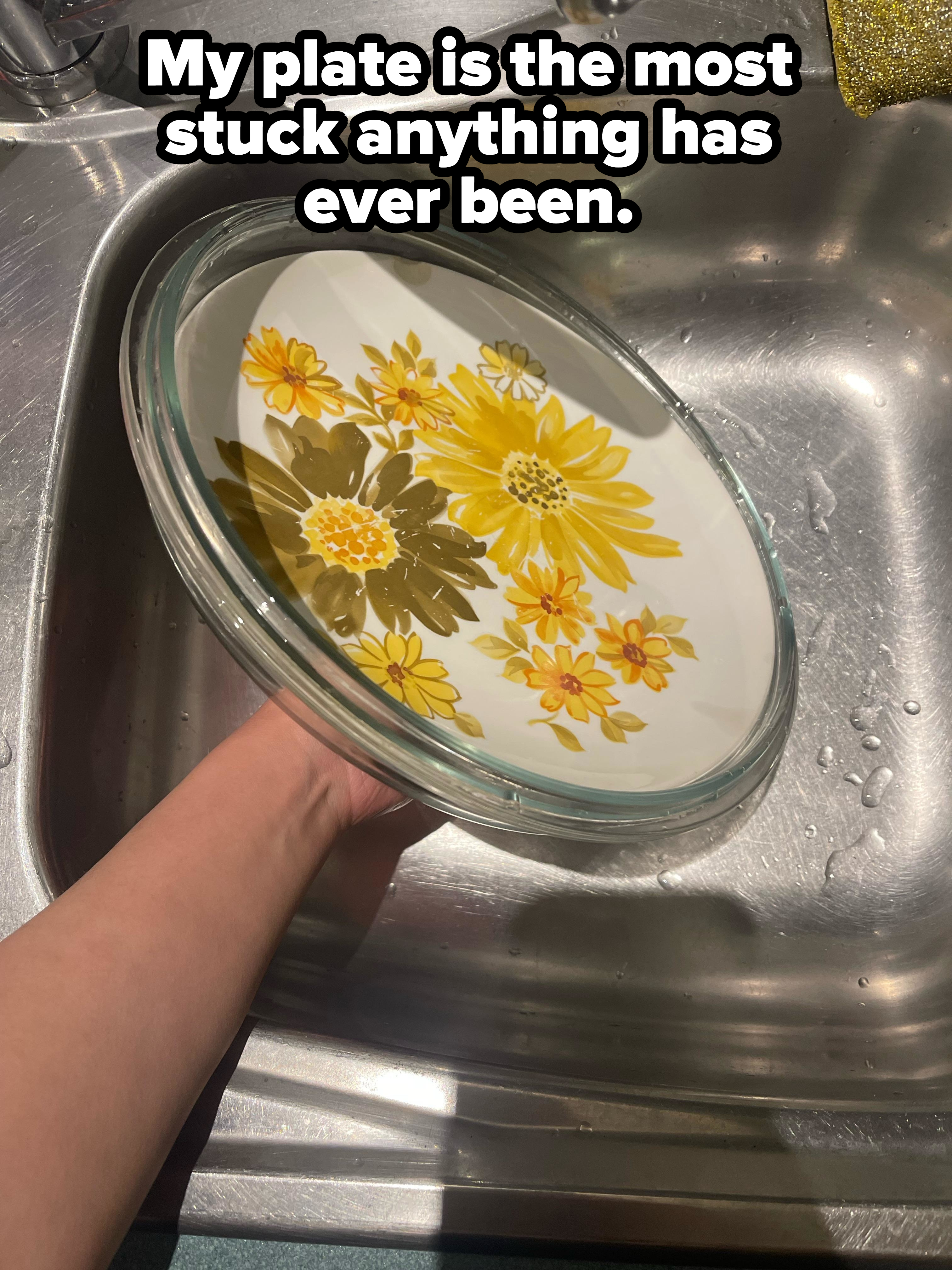A plate is stuck inside a glass pan lid