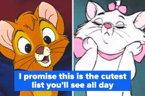 Oliver from "Oliver & Company" and Marie from "The Aristocats". Text reads "I promise this is the cutest list you'll see all day"