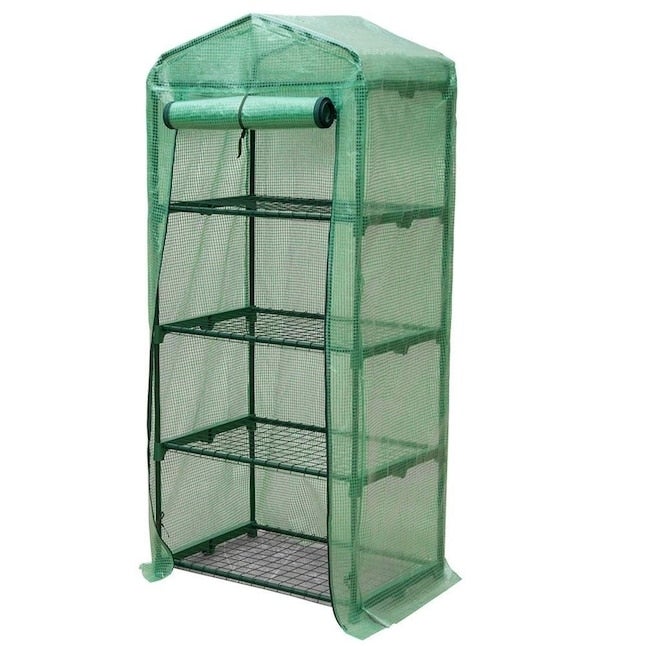 a portable greenhouse with a rollup front