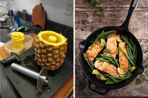 on left: pineapple corer. on right: black cast-iron skillet with salmon and veggies