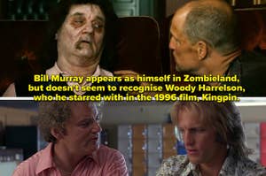 caption reads Bill Murray appears as himself in Zombieland, but doesn't seem to recognise Woody Harrelson, who he starred with in Kingpin