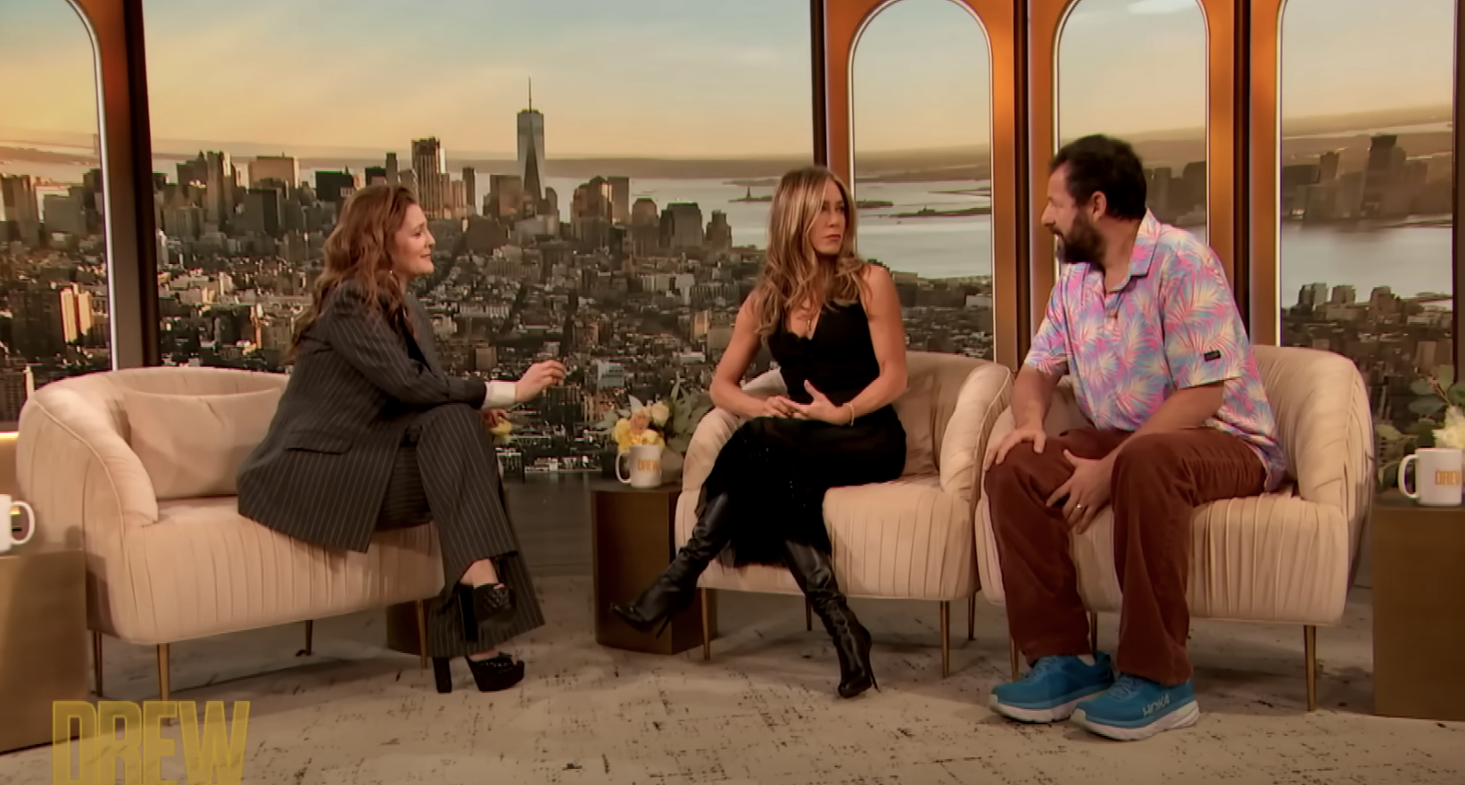Drew interviewing Jennifer Aniston and Adam Sandler