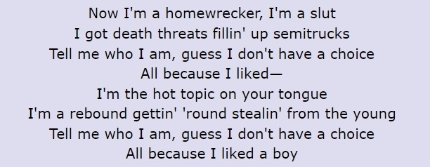 &quot;Now I&#x27;m a home-wrecker, I&#x27;m a slut / I got death threats fillin&#x27; up semitrucks / Tell me who I am, guess I don&#x27;t have a choice / All because I liked — / I&#x27;m the hot topic on your tongue / I&#x27;m a rebound gettin&#x27; &#x27;round stealin&#x27; from the young&quot;