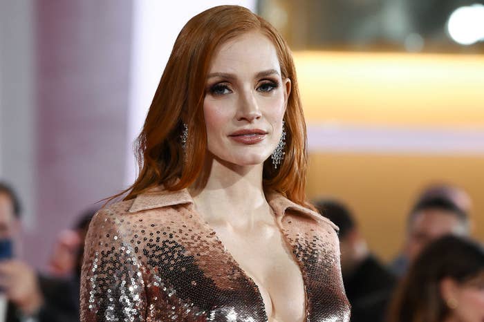 Closeup of Jessica Chastain in a sequined dress