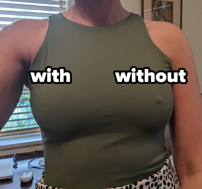 image of reviewer wearing nipple cover on one breast and a tank top over it