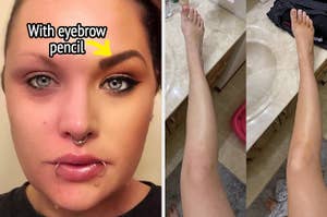A reviewer with one eyebrow defined with a pencil/A reviewers legs before and after using tanning drops
