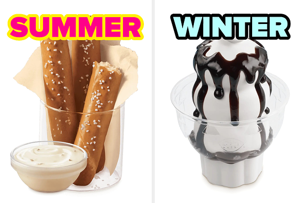 On the left, some pretzel sticks from Dairy Queen labeled summer, and on the right, a hot fudge sundae from Dairy Queen labeled winter
