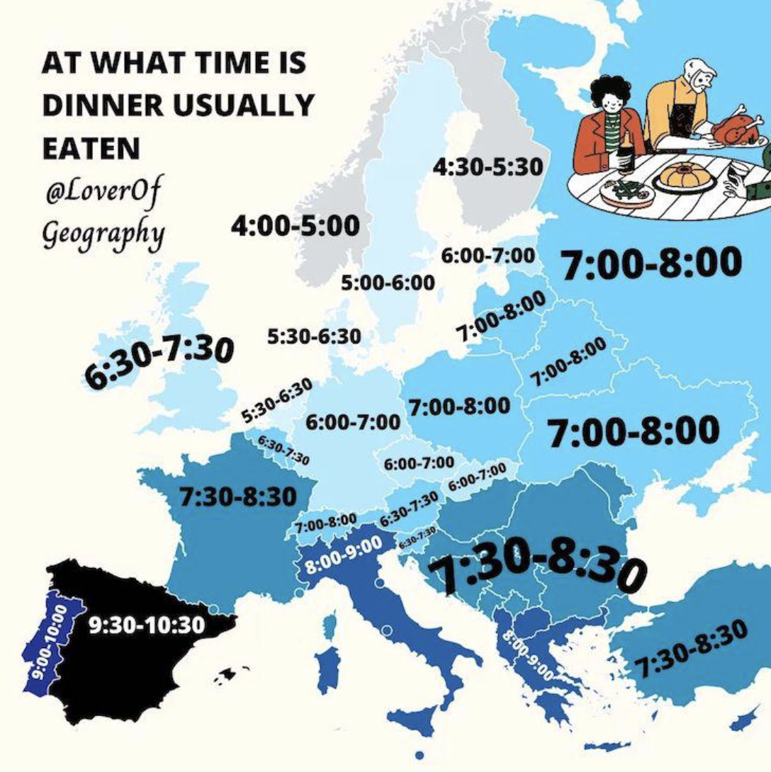 countries labeled with dinner times