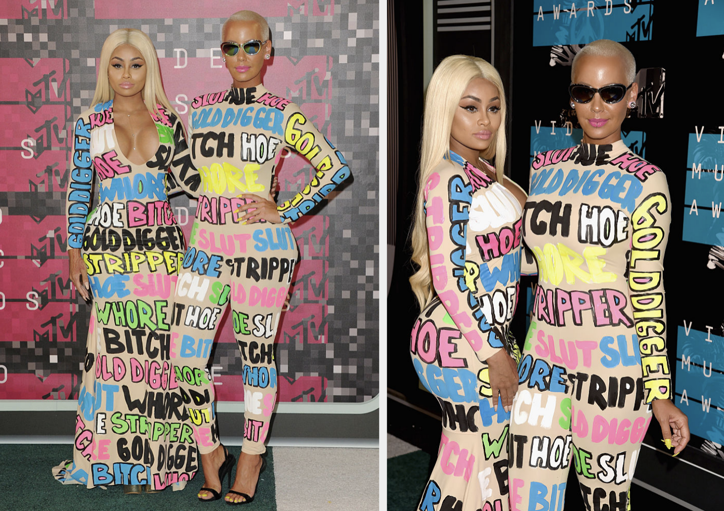 the two posing in the outfits that has words like bitch, gold digger and stripper