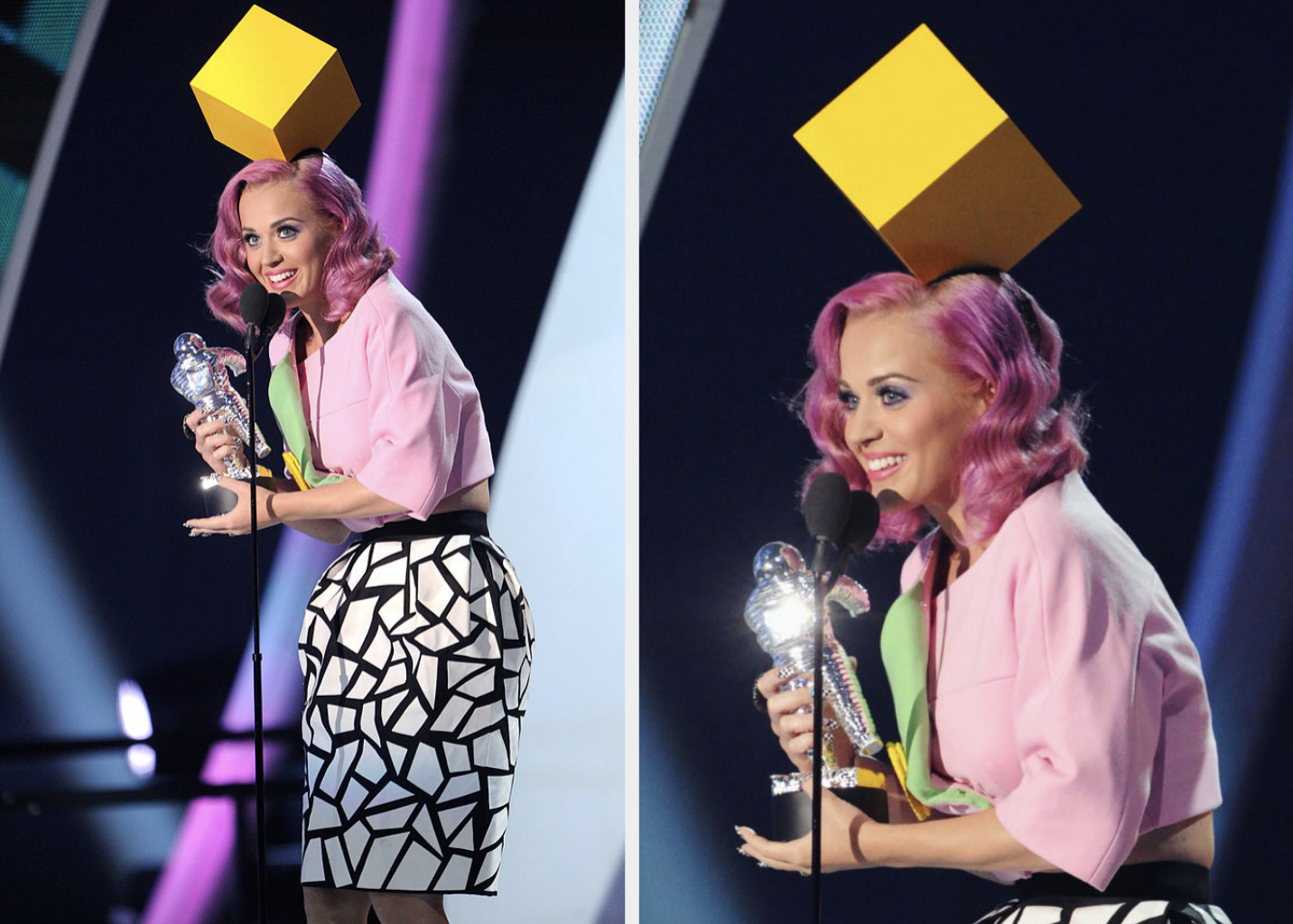 Katy Perry accepting her award with a yellow cube on her head