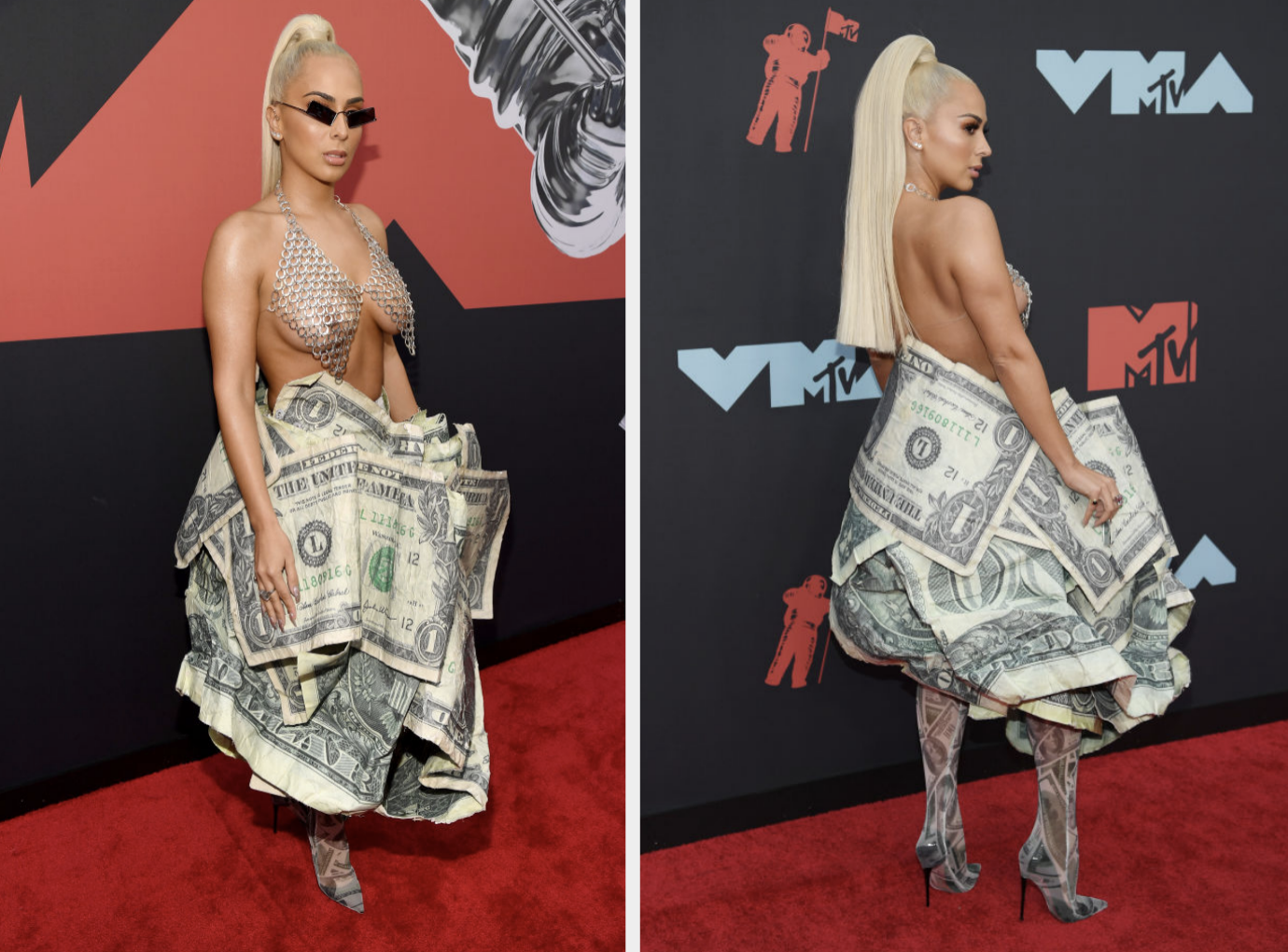 her on the red carpet with a skirt made of large dollar bills